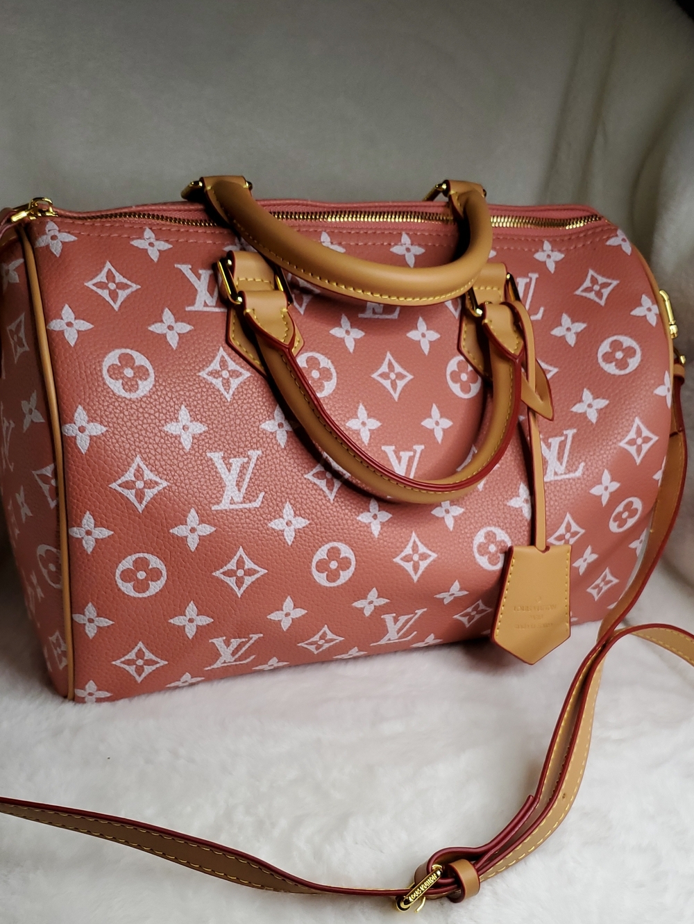 LV Coral Pink Monogram Speedy Satchel with Tan Trim